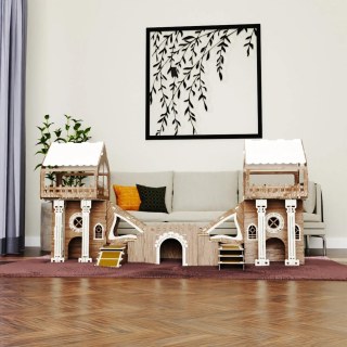 3-stöckige Kaninchenburg aus Holz – Triplex Hasenhaus mit Terrasse, Holzbrücke &