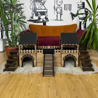 Kaninchenburg aus Holz mit Brücke & Terrasse – 2-stöckiges Kaninchenhaus mit