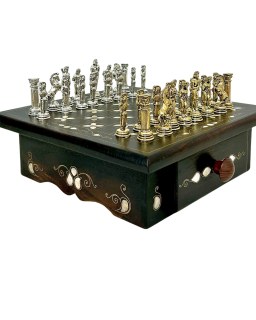El Yapımı Ahşap Satranç Seti Sedef Kakma Mozaik Tasarım Metal Figürlü