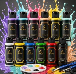 Artzone Acrylfarben-Set 12 Farben x 60ml. Mit Pinsel und Palette als Geschenk (Pastell- und Grundfarben)
