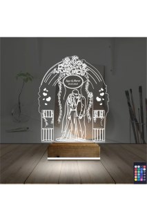 Gelin damat yıldönümü için kişiye özel lazer kazımalı 3D LED masa gece lambası, 16 renk seçeneğiyle dekoratif aydınlatma
