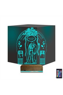 Gelin damat yıldönümü için kişiye özel 3D LED lamba, lazer kazımalı pleksiglas ve ahşap kaideli masa gece lambası