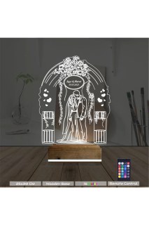 Gelin damat yıldönümü için kişiye özel 3D LED lamba, lazer kazımalı pleksiglas ve ahşap kaideli masa gece lambası