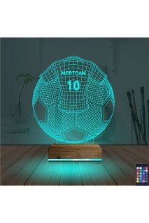 Futbol topu ve forma tasarımlı, kişiye özel lazer kazımalı 3D masa gece lambası