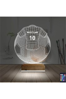 Futbol topu ve forma tasarımlı, kişiye özel lazer kazımalı 3D masa gece lambası