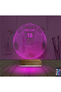 Futbol topu ve forma temalı kişiye özel 3D LED masa gece lambası, lazer kazımalı ve ahşap kaideli