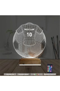 Futbol topu ve forma temalı kişiye özel 3D LED masa gece lambası, lazer kazımalı ve ahşap kaideli