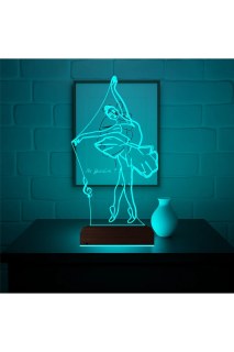 Balerin bale tasarımlı kişiye özel 3D LED illüzyon masa gece lambası, doğal ahşap kaideli ev dekoru