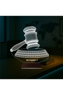 Hakim Yargıç Tokmak Tasarım Kişiye Özel 3D LED Masa Gece Lambası, lazer kazımalı ve ahşap kaideli