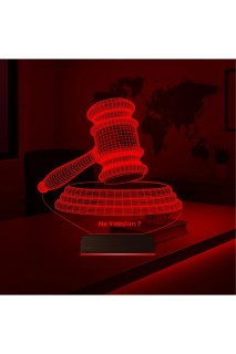 Hakim Yargıç Tokmak tasarımlı kişiye özel 3D LED illüzyon masa gece lambası, lazer kazımalı ve ahşap kaideli