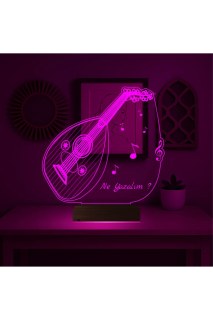 Ud Udi Müzik Nota Temalı Kişiye Özel 3D LED Masa Gece Lambası, lazer kazımalı ve ahşap kaideli