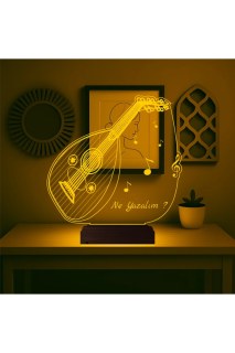 Ud Udi Müzik Nota Temalı Kişiye Özel 3D LED Masa Gece Lambası, lazer kazımalı ve ahşap kaideli