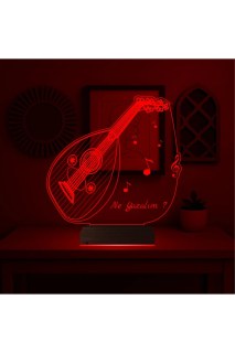 Ud Udi Müzik Nota Temalı Kişiye Özel 3D LED Masa Gece Lambası, lazer kazımalı ve ahşap kaideli