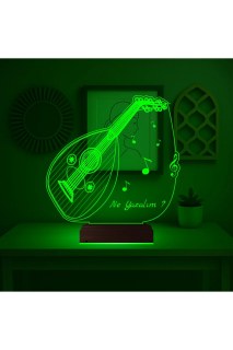 Ud Udi Müzik Nota Temalı Kişiye Özel 3D LED Masa Gece Lambası, ahşap kaideli ve renk seçenekli