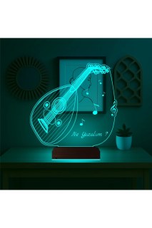 Ud Udi Müzik Nota Temalı Kişiye Özel 3D LED Masa Gece Lambası, lazer kazımalı ve ahşap kaideli
