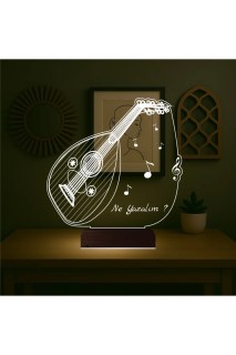 Ud Udi Müzik Nota Temalı Kişiye Özel 3D LED Masa Gece Lambası, lazer kazımalı ve ahşap kaideli