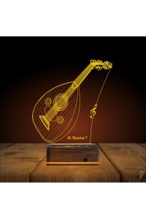 Ud Udi Müzik Nota Temalı Kişiye Özel 3D LED Masa Gece Lambası, ahşap kaideli ve 16 renk seçenekli