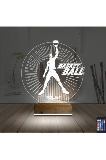 Basketbol temalı kişiye özel 3D LED masa gece lambası, lazer kazımalı, 16 renk seçenekli ve ahşap kaideli