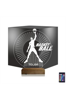 Basketbol temalı kişiye özel 3D LED lamba, masa gece lambası, lazer kazımalı pleksiglas ve ahşap kaide ile