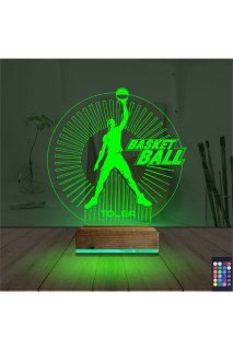 Basketbol temalı kişiye özel 3D LED lamba, masa gece lambası, lazer kazımalı pleksiglas ve ahşap kaide ile