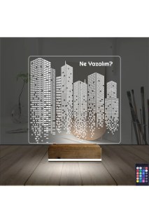 Emlak İnşaat Müteahhit temalı kişiye özel 3D LED masa gece lambası, lazer kazımalı pleksiglas ve ahşap kaideli