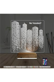 Emlak İnşaat Müteahhit temalı kişiye özel 3D LED masa gece lambası, lazer kazımalı pleksiglas ve ahşap kaide