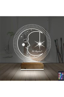 Ay Dede kişiye özel 3D LED illüzyon masa gece lambası, lazer kazımalı pleksiglas ve doğal ahşap kaide ile