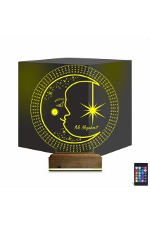 Ay Dede kişiye özel 3D LED illüzyon masa gece lambası, lazer kazımalı pleksiglas ve doğal ahşap kaide ile