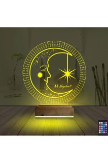 Ay Dede kişiye özel 3D LED illüzyon masa gece lambası, lazer kazımalı pleksiglas ve ahşap kaideli, 16 renkli RGB LED ışık