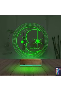Ay Dede kişiye özel 3D LED illüzyon masa gece lambası, lazer kazımalı pleksiglas ve doğal ahşap kaideli