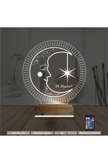Ay Dede kişiye özel 3D LED illüzyon masa gece lambası, lazer kazımalı pleksiglas ve doğal ahşap kaideli