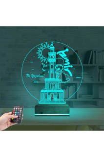 İzmir Saat Kulesi Atatürk figürlü kişiye özel 3D LED masa gece lambası, lazer kazımalı ve ahşap kaideli