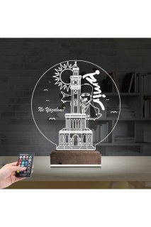 İzmir Saat Kulesi Atatürk temalı kişiye özel 3D LED masa gece lambası, lazer kazımalı pleksiglas ve ahşap kaide