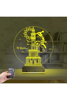 İzmir Saat Kulesi Atatürk temalı kişiye özel 3D LED masa gece lambası, lazer kazımalı ve ahşap kaideli