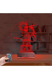 İzmir Saat Kulesi Atatürk temalı kişiye özel 3D LED masa gece lambası, lazer kazımalı ve ahşap kaideli