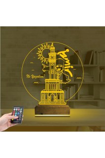 İzmir Saat Kulesi Atatürk temalı kişiye özel 3D LED masa gece lambası, lazer kazımalı ve ahşap kaideli