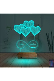 Kişiye özel lazer kazımalı kalp tasarımlı 3D LED masa gece lambası, ahşap kaideli ve 16 renk seçenekli