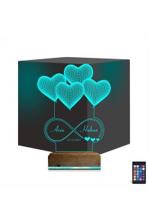 Kalp şekilli kişiye özel 3D LED masa lambası, lazer kazımalı, ahşap kaideli, 16 renkli uzaktan kumandalı gece lambası