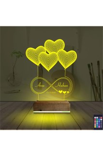 Kişiye özel lazer kazımalı kalp desenli 3D LED masa gece lambası, ahşap kaideli ve 16 renk seçenekli