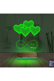 Kişiye özel lazer kazımalı 3D kalp şekilli masa gece lambası, ahşap kaideli ve 16 renkli LED ışıklı