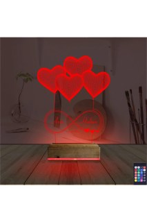 Kalp tasarımlı kişiye özel 3D LED masa lambası, lazer kazımalı ve ahşap kaideli gece lambası
