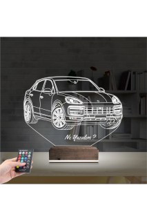 Jeep Phosche Cayanne kişiye özel 3D LED masa lambası, lazer kazımalı pleksiglas ve ahşap kaide ile dekoratif gece lambası