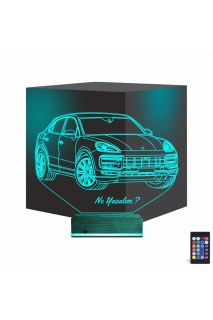 Jeep Phosche Cayanne kişiye özel 3D LED masa lambası, lazer kazımalı pleksiglas ve ahşap kaideli dekoratif gece lambası