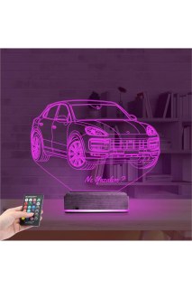 Jeep Phosche Cayanne kişiye özel 3D LED masa lambası, lazer kazımalı pleksiglas ve ahşap kaide ile dekoratif gece lambası
