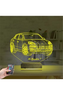 Jeep Phosche Cayanne kişiye özel 3D LED masa lambası, lazer kazımalı pleksiglas ve ahşap kaide ile dekoratif gece lambası