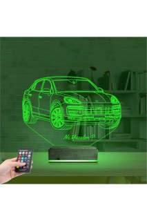 Jeep Phosche Cayanne kişiye özel 3D LED illüzyon masa lambası, lazer kazımalı pleksiglas ve ahşap kaide ile