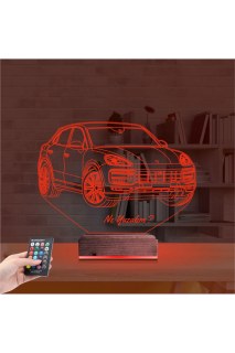 Jeep Phosche Cayanne kişiye özel 3D LED masa lambası, lazer kazımalı pleksiglas ve ahşap kaide ile dekoratif gece lambası