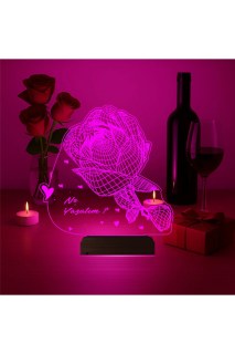 Sevgiliye hediye olarak kişiye özel lazer kazımalı 3D LED masa gece lambası, doğal ahşap kaideli ve 16 renk seçenekli