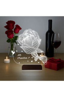 Sevgiliye hediye olarak kişiye özel lazer kazımalı 3D LED masa gece lambası, doğal ahşap kaideli ve 16 renk seçenekli