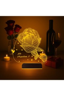 Sevgiliye hediye olarak kişiye özel lazer kazımalı 3D LED masa lambası, ahşap kaideli ve 16 renk seçenekli